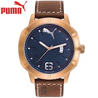 Reloj Puma Nevermind PU104261001 Fecha Acero Inoxidable Dorado Correa De Cuero Marron Dial Azul